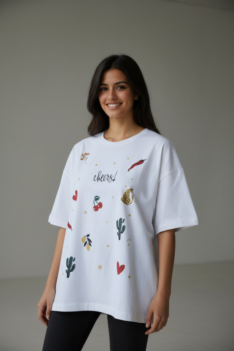 T-shirt Femme "Cheers!" à Motifs Ludiques | Mode Été Tunisie