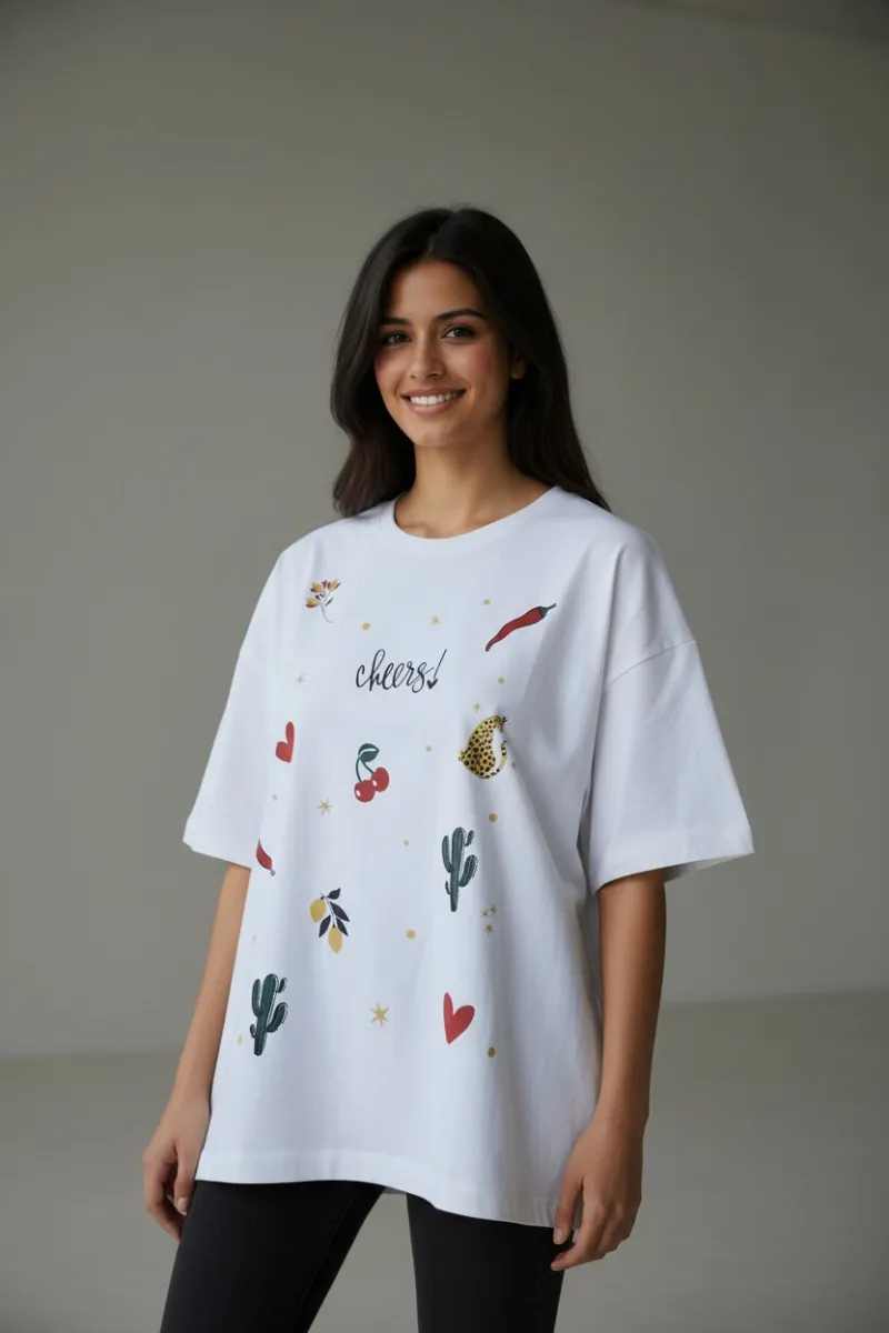 T-shirt Femme "Cheers!" à Motifs Ludiques | Mode Été Tunisie