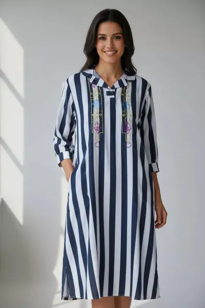 Blouza Dame Artisanale Rayée Col Chemise | Mode Femme Tunisie