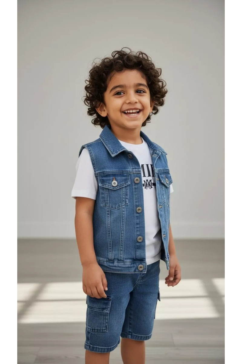 Ensemble 3 Pièces Garçon en Jean - Gilet, T-shirt & Bermuda Cargo | Tunisie