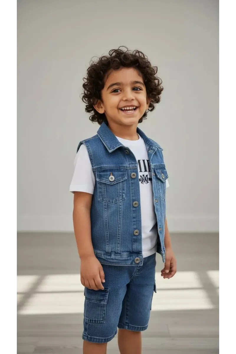 Ensemble 3 Pièces Garçon en Jean - Gilet, T-shirt & Bermuda Cargo | Tunisie