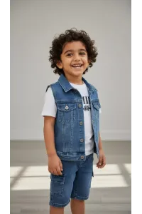 Ensemble 3 Pièces Garçon en Jean - Gilet, T-shirt & Bermuda Cargo | Tunisie
