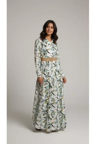 Robe Longue Fluide Imprimé Feuillage avec Ceinture | Tunisie