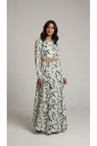 Robe Longue Fluide Imprimé Feuillage avec Ceinture | Tunisie