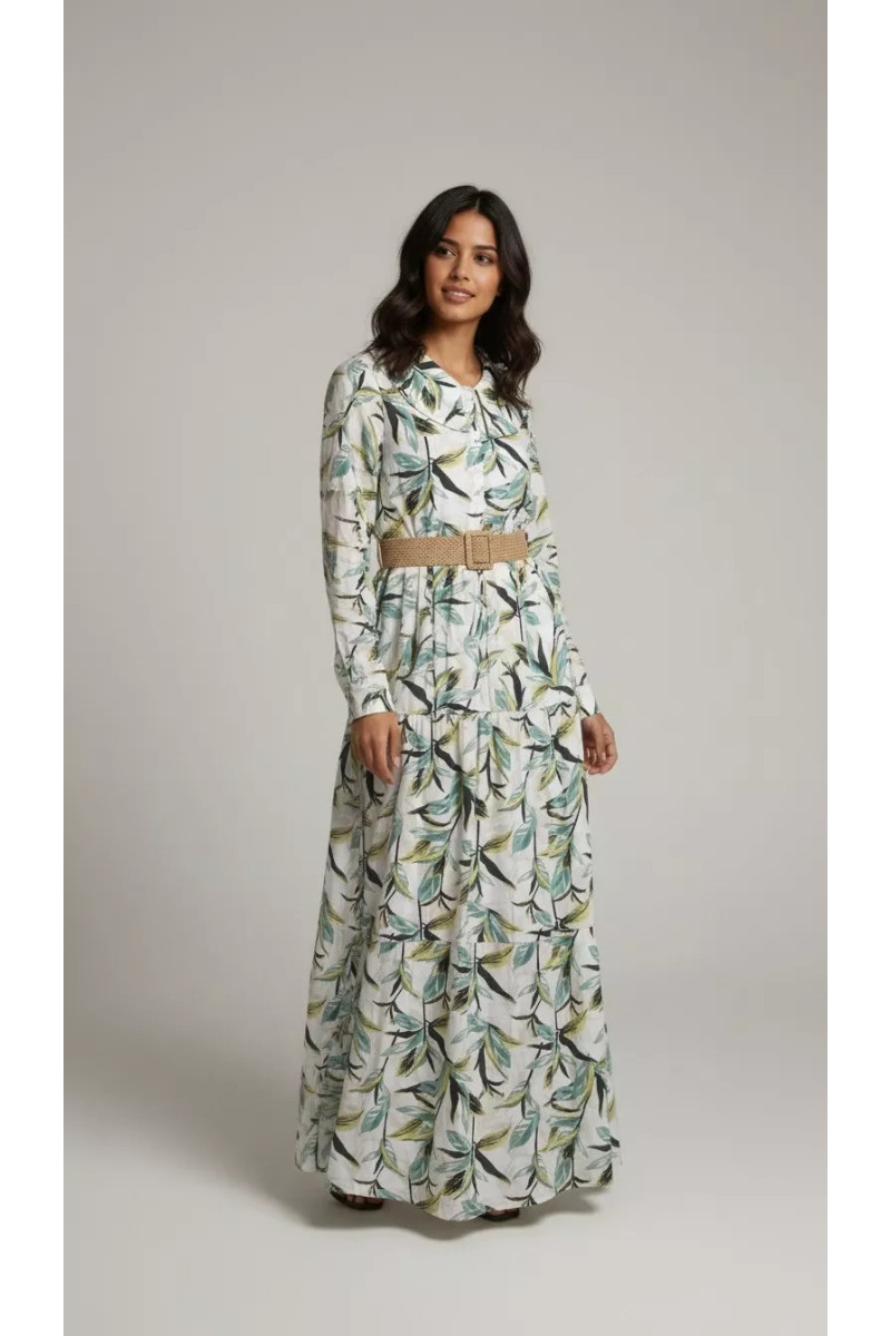 Robe Longue Fluide Imprimé Feuillage avec Ceinture | Tunisie
