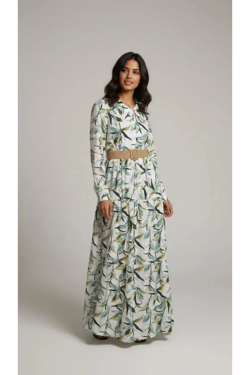 Robe Longue Fluide Imprimé Feuillage avec Ceinture | Tunisie