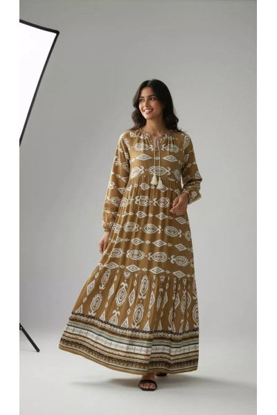 Robe Longue Fluide Ethnique à Motifs Géométriques & Pompons | Tunisie