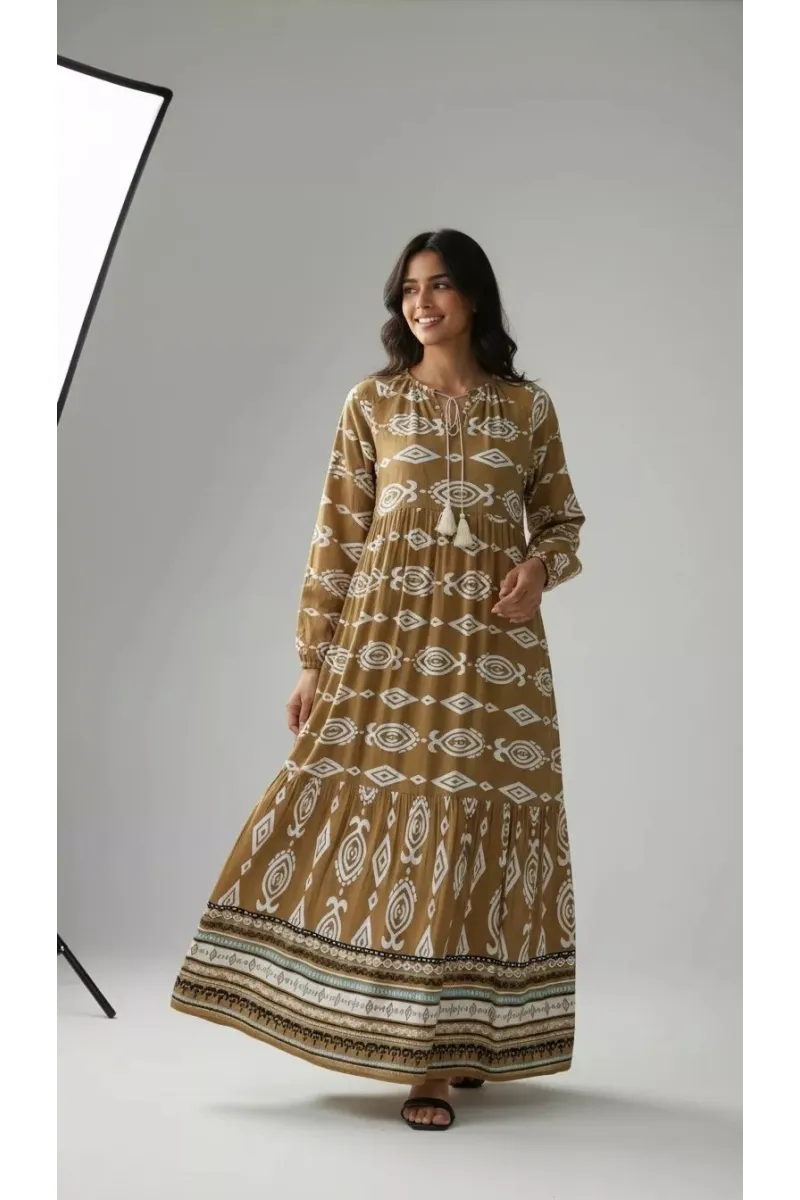 Robe Longue Fluide Ethnique à Motifs Géométriques & Pompons | Tunisie