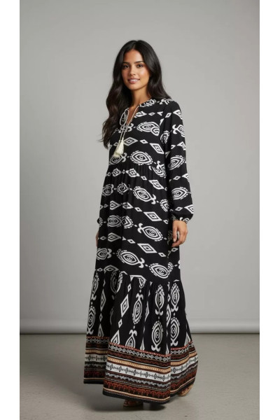 Robe Longue Fluide Ethnique à Motifs Géométriques & Pompons | Tunisie