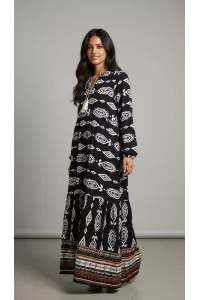 Robe Longue Fluide Ethnique à Motifs Géométriques & Pompons | Tunisie