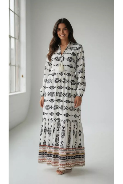 Robe Longue Fluide Ethnique à Motifs Géométriques & Pompons | Tunisie