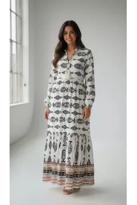 Robe Longue Fluide Ethnique à Motifs Géométriques & Pompons | Tunisie