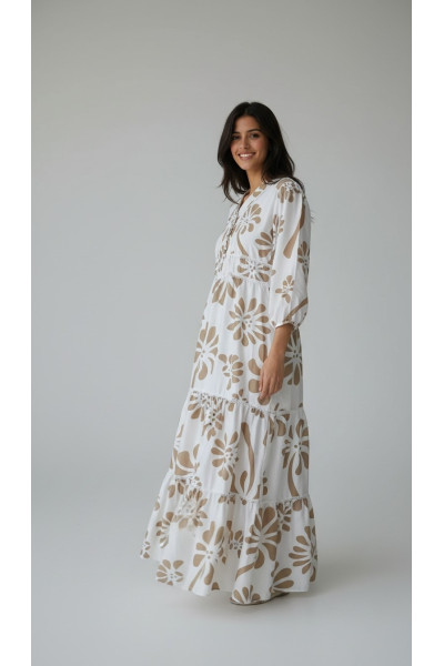 Robe Longue Fluide à Motifs Géométriques & Col Tunisien | Tunisie