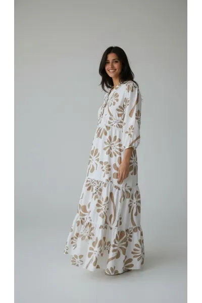 Robe Longue Fluide à Motifs Géométriques & Col Tunisien | Tunisie