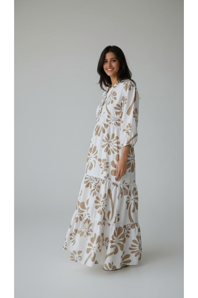 Robe Longue Fluide à Motifs Géométriques & Col Tunisien | Tunisie