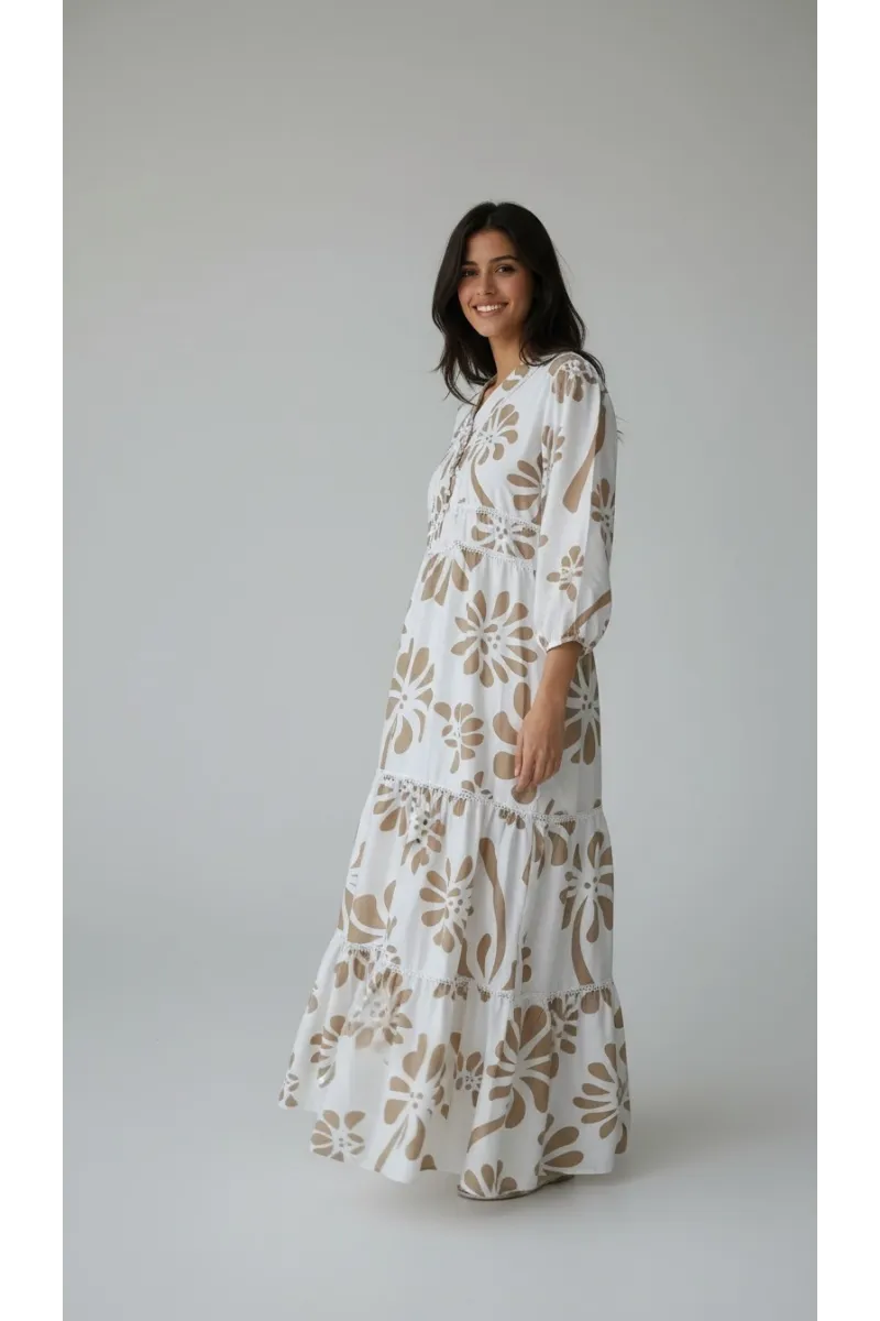 Robe Longue Fluide à Motifs Géométriques & Col Tunisien | Tunisie