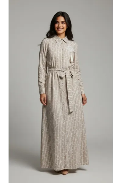 Robe Chemise Longue Rayée à Motif Fleurs & Broderie | Tunisie