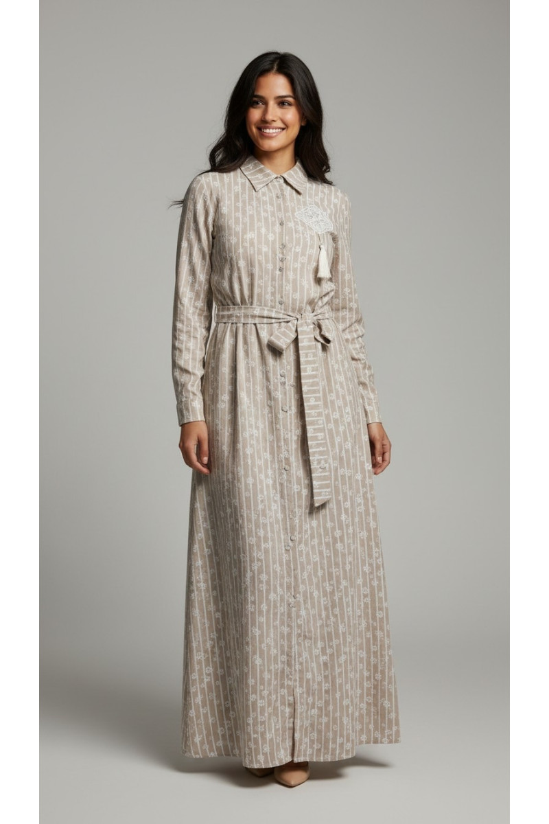 Robe Chemise Longue Rayée à Motif Fleurs & Broderie | Tunisie