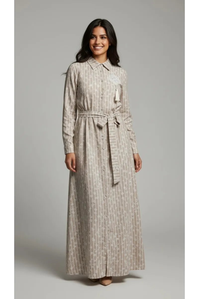 Robe Chemise Longue Rayée à Motif Fleurs & Broderie | Tunisie