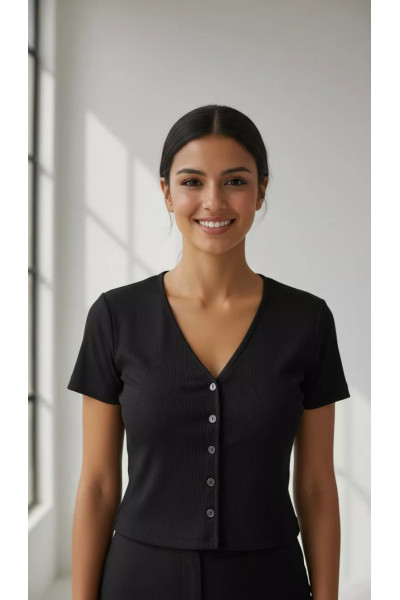 T-shirt Ajusté en Maille Côtelée Boutonné à Col en V | Tunisie