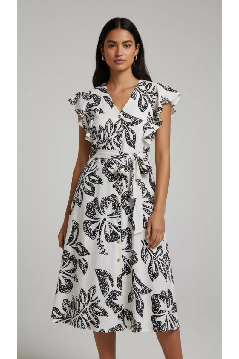Robe Imprimée à Volants Tunisie | Robe-Chemise Longue Fluide