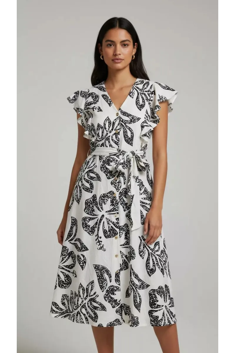 Robe Imprimée à Volants Tunisie | Robe-Chemise Longue Fluide