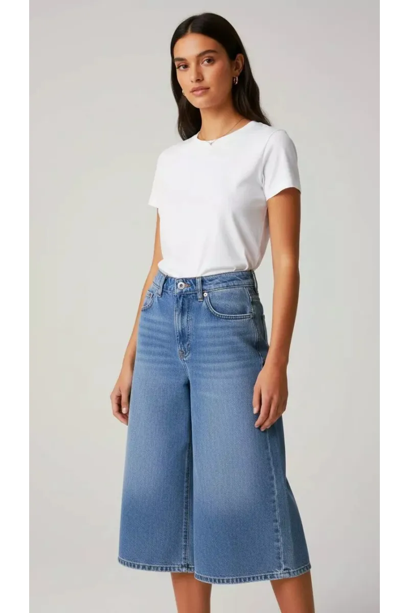 Pantacourt en Jean Coupe Large & Taille Haute | Mode Femme Tunisie