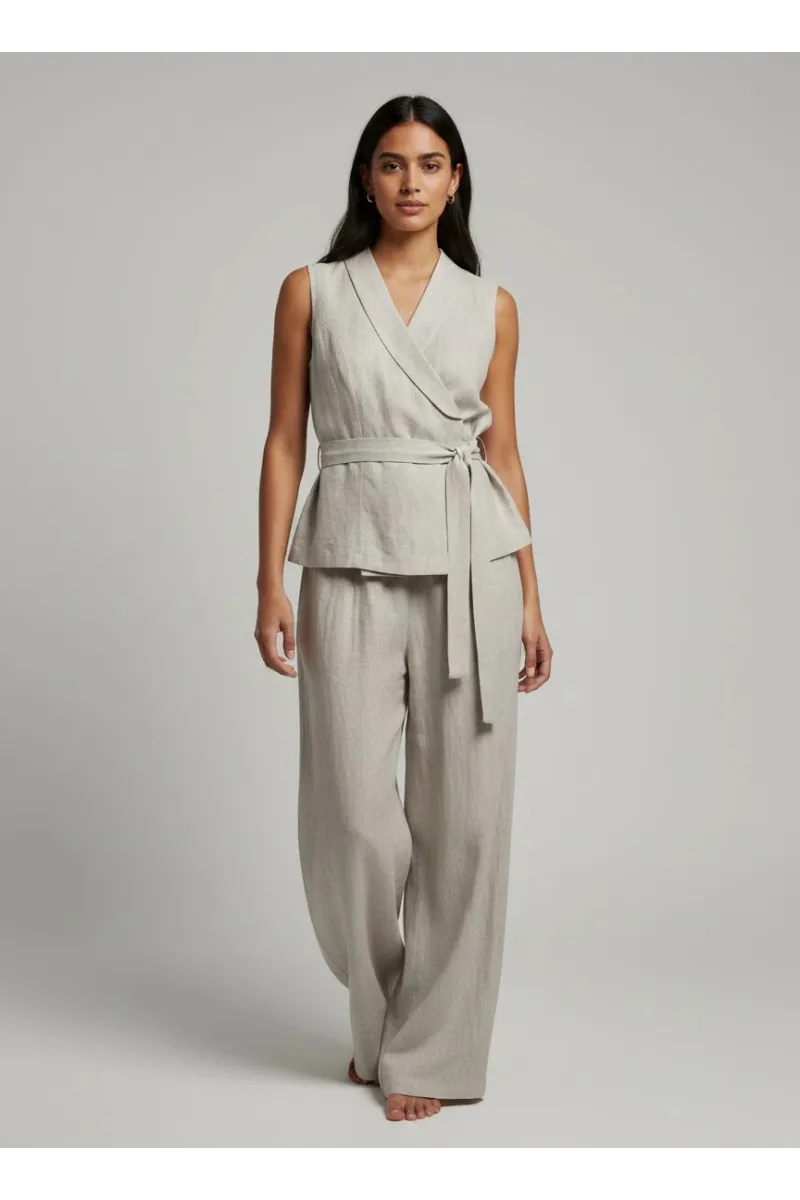 Ensemble Tailleur Femme Gilet Cache-Cœur & Pantalon Large | Mode Tunisie