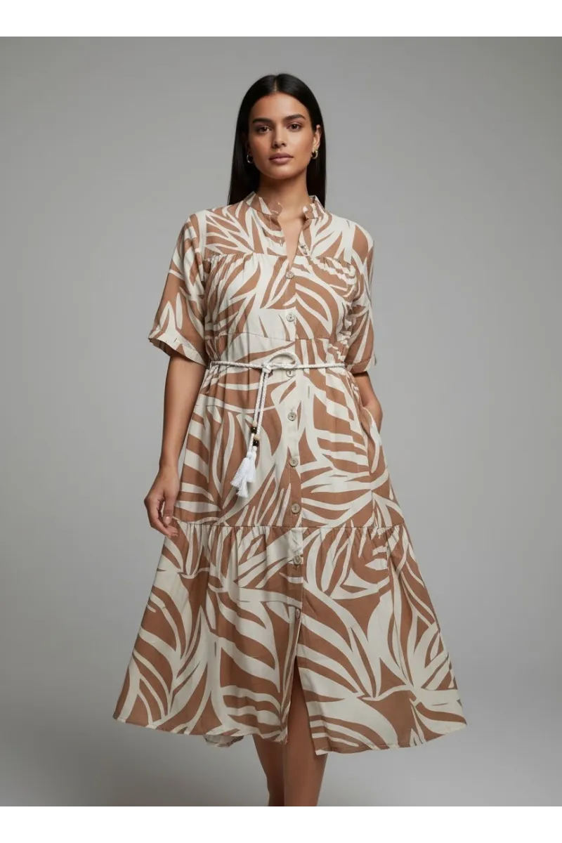 Robe Longue Boutonnée à Imprimé Feuillage & Ceinture Corde | Mode Tunisie