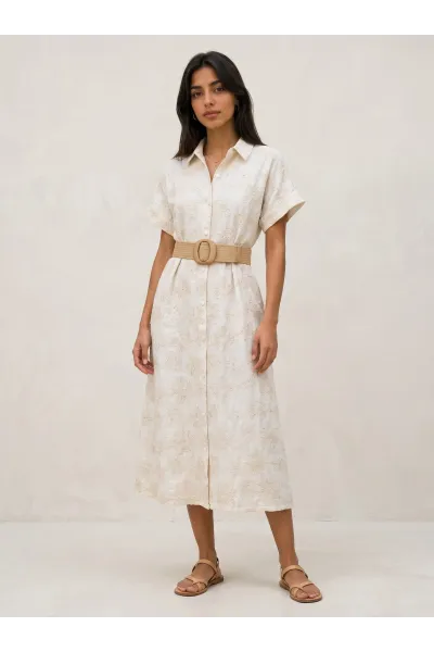 Robe Chemise Midi Fleurie avec Ceinture Tressée | Tunisie