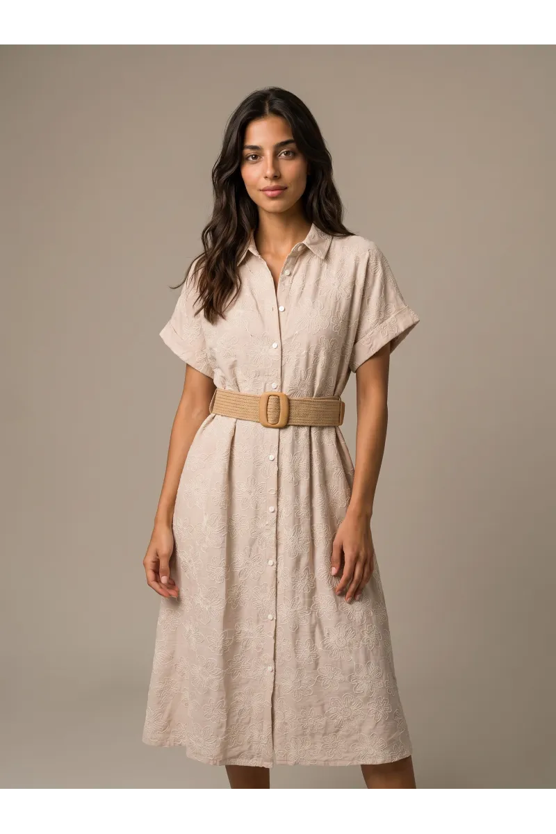 Robe Chemise Midi Fleurie avec Ceinture Tressée | Tunisie