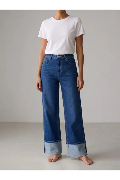 Pantalon Jean Coupe Large Wide-Leg à Grands Revers Femme | Tunisie