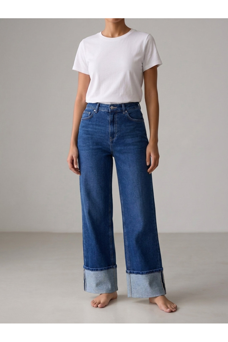 Pantalon Jean Coupe Large Wide-Leg à Grands Revers Femme | Tunisie