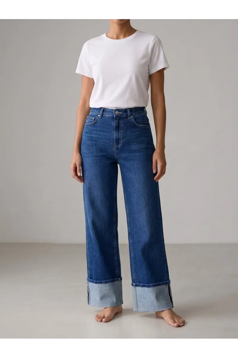 Pantalon Jean Coupe Large Wide-Leg à Grands Revers Femme | Tunisie