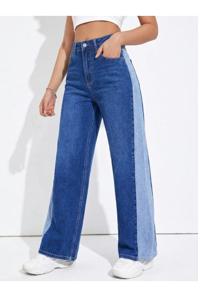 Pantalon Jean Coupe Large Wide-Leg Bicolore Femme | Tunisie