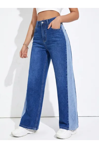 Pantalon Jean Coupe Large Wide-Leg Bicolore Femme | Tunisie