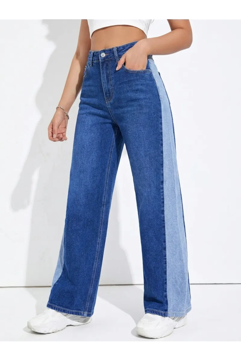 Pantalon Jean Coupe Large Wide-Leg Bicolore Femme | Tunisie