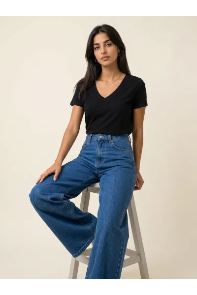 Pantalon Jean Coupe Droite Large Wide-Leg Femme | Tunisie