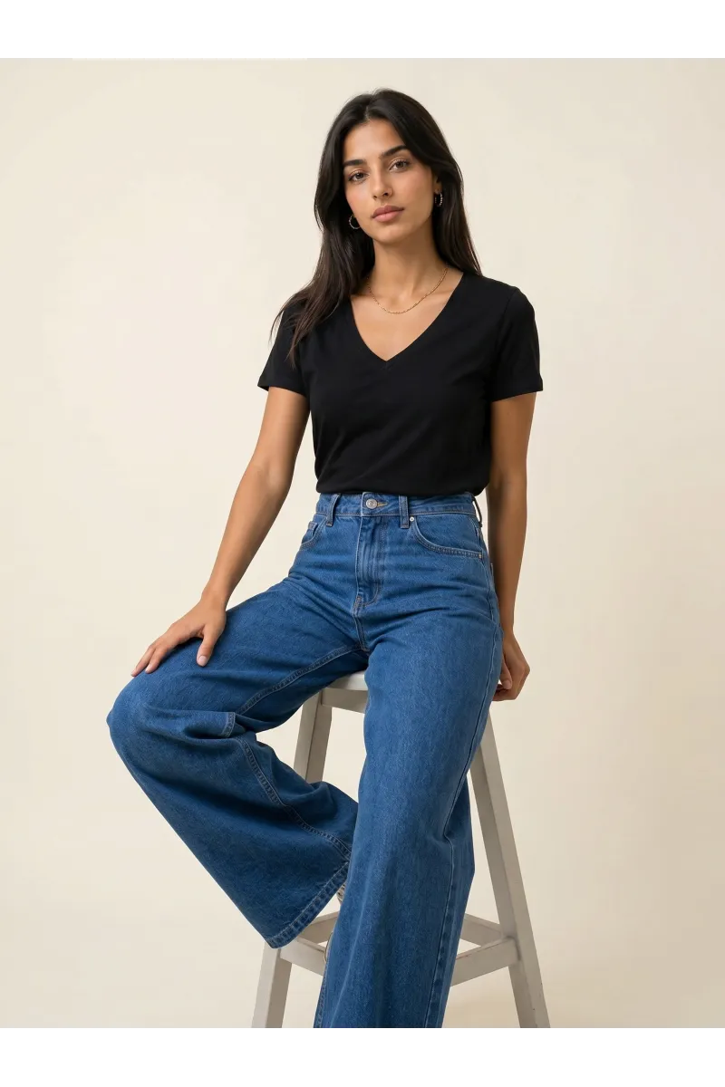 Pantalon Jean Coupe Droite Large Wide-Leg Femme | Tunisie