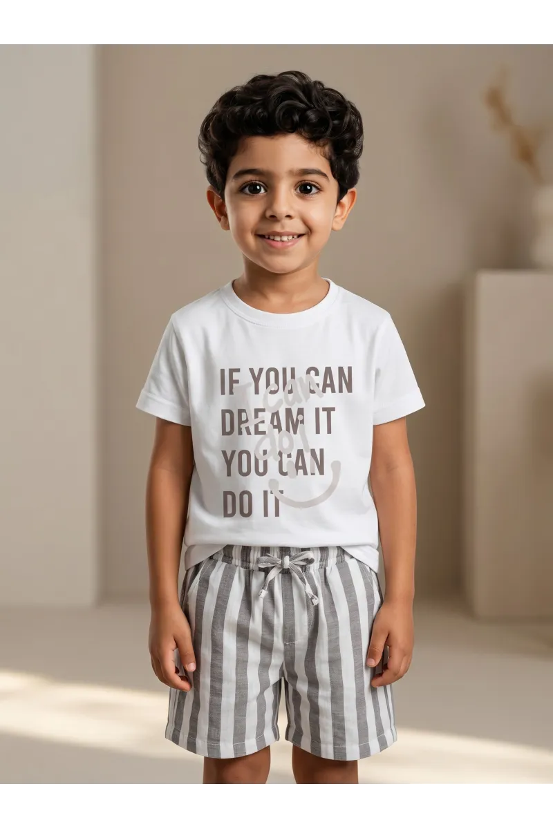 Ensemble Été Garçon T-shirt "I Can Do It" & Short Rayé | Tunisie