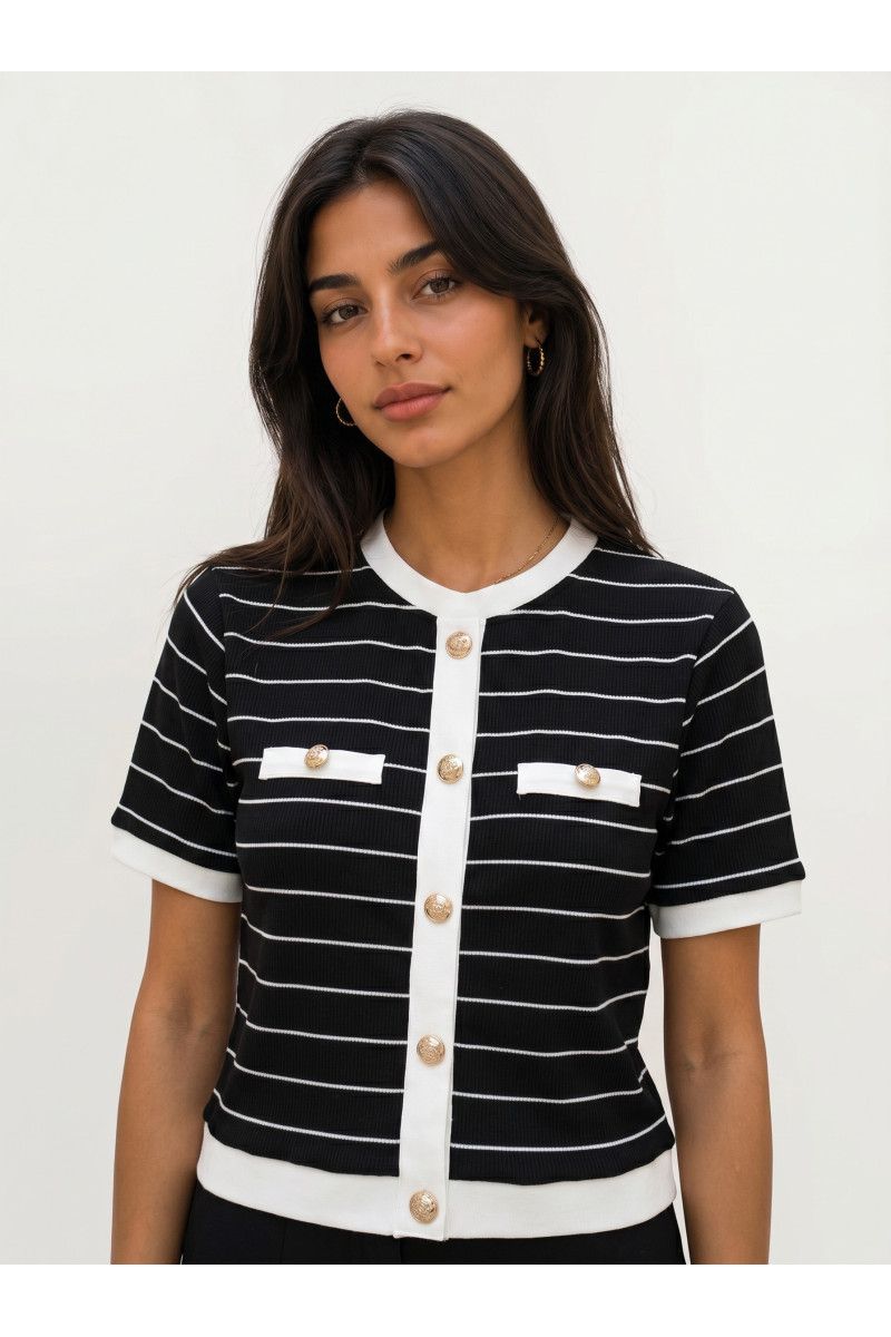 T-shirt Chic en Maille Rayée Style Cardigan Femme | Tunisie