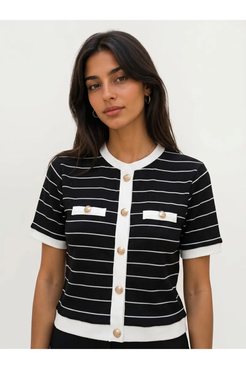 T-shirt Chic en Maille Rayée Style Cardigan Femme | Tunisie