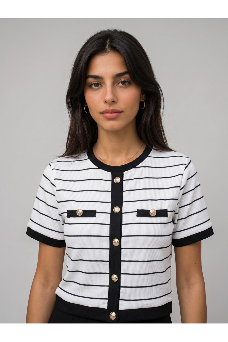 T-shirt Chic en Maille Rayée Style Cardigan Femme | Tunisie