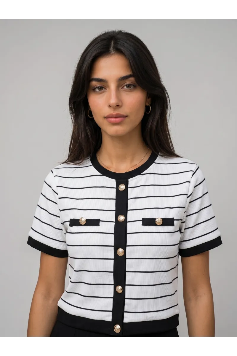 T-shirt Chic en Maille Rayée Style Cardigan Femme | Tunisie