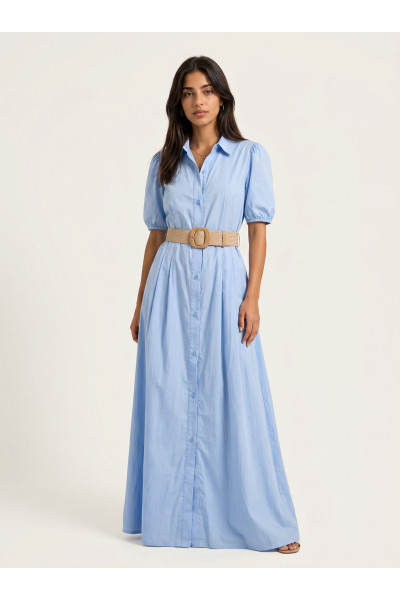 Robe Longue Chemise à Manches Bouffantes et Ceinture | Tunisie