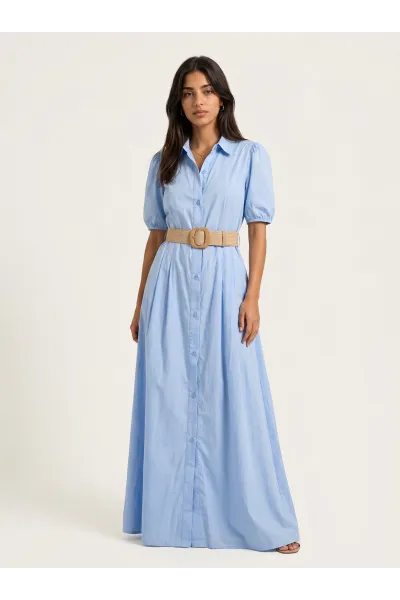 Robe Longue Chemise à Manches Bouffantes et Ceinture | Tunisie