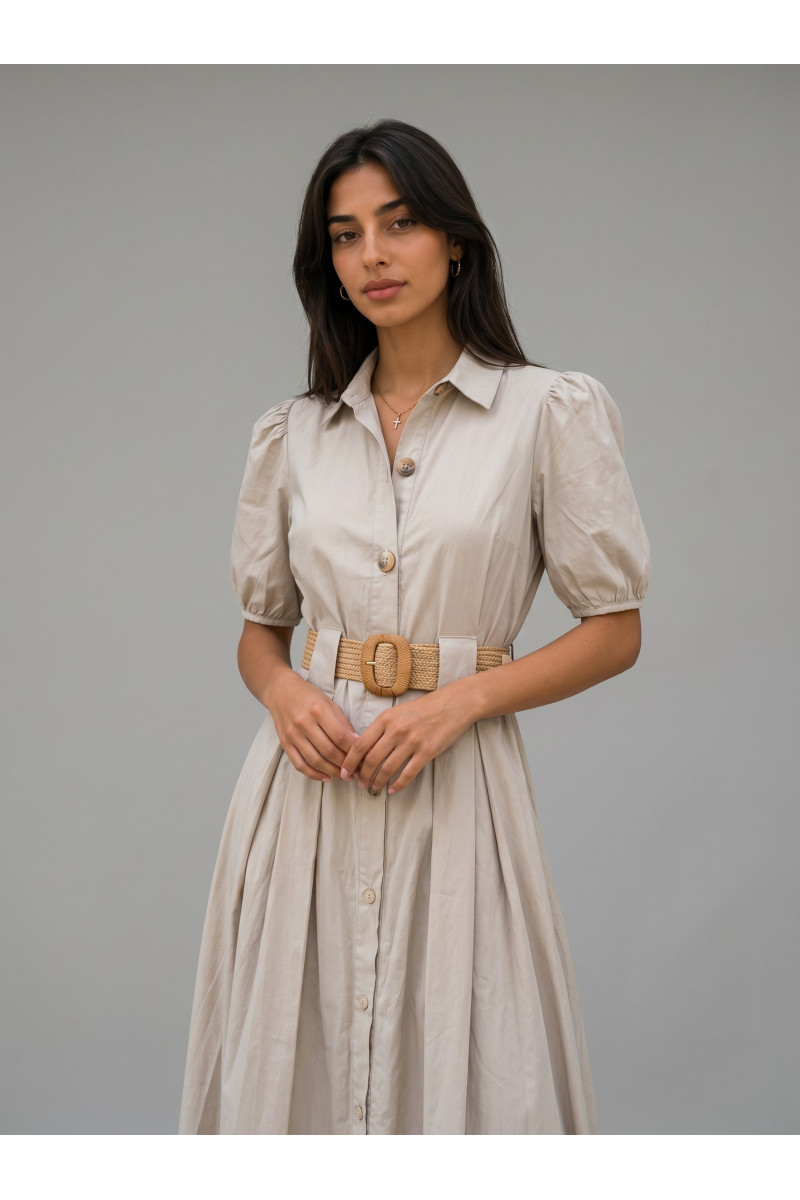 Robe Longue Chemise à Manches Bouffantes et Ceinture | Tunisie