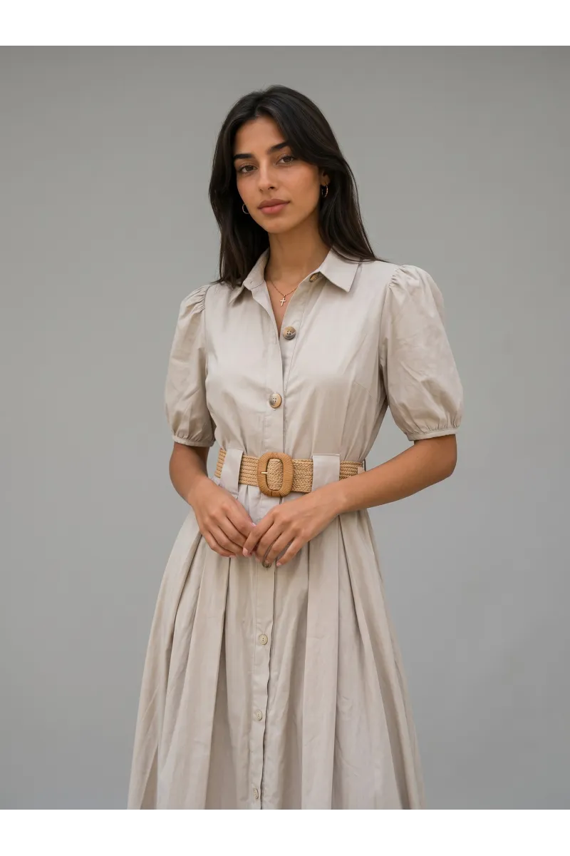 Robe Longue Chemise à Manches Bouffantes et Ceinture | Tunisie