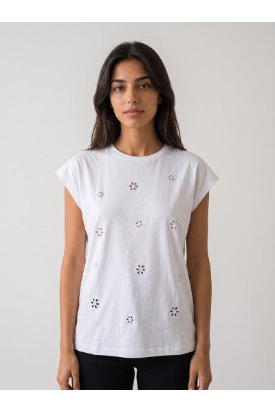 Haut Femme à Broderies Anglaises Ajourées & Col Rond | Tunisie