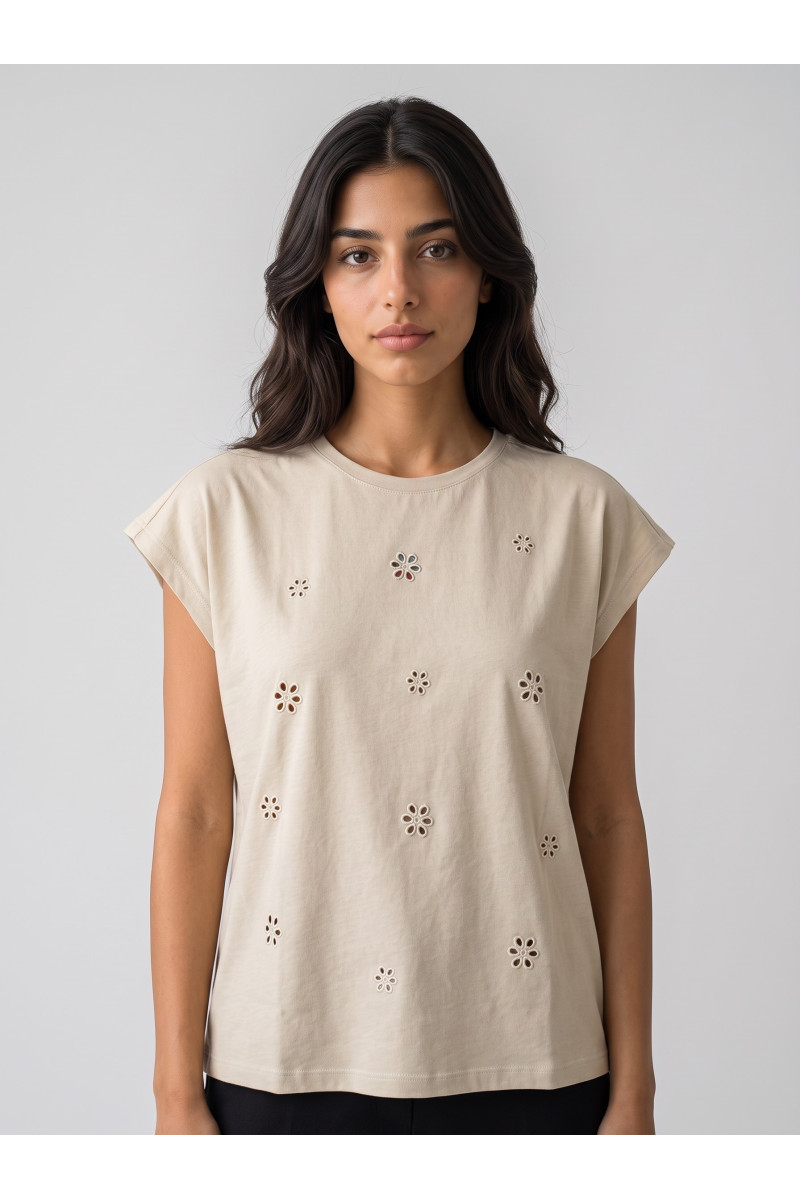 Haut Femme à Broderies Anglaises Ajourées & Col Rond | Tunisie
